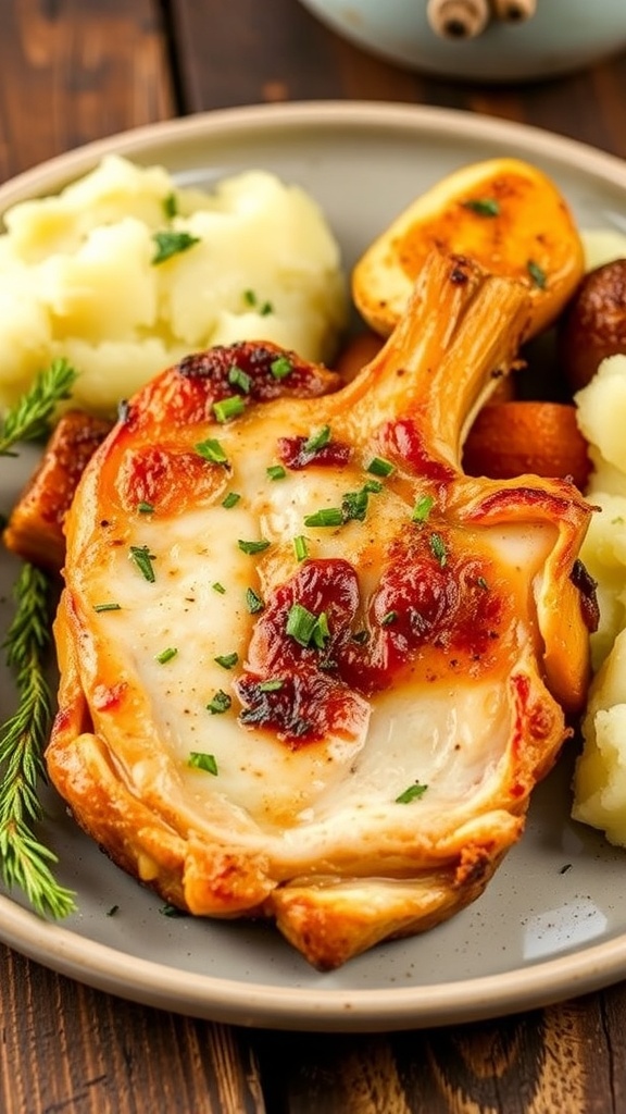 Juicy air fryer pork chops on a plate with roasted vegetables and mashed potatoes.